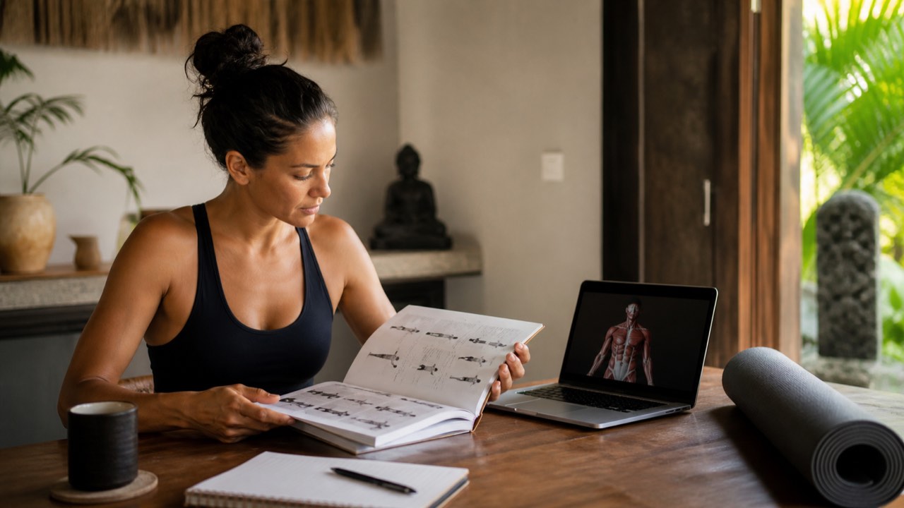 Hybrid Bikram Yoga Teacher Training: Format & Costs Student completing hybrid Bikram yoga teacher training online preparation at home
