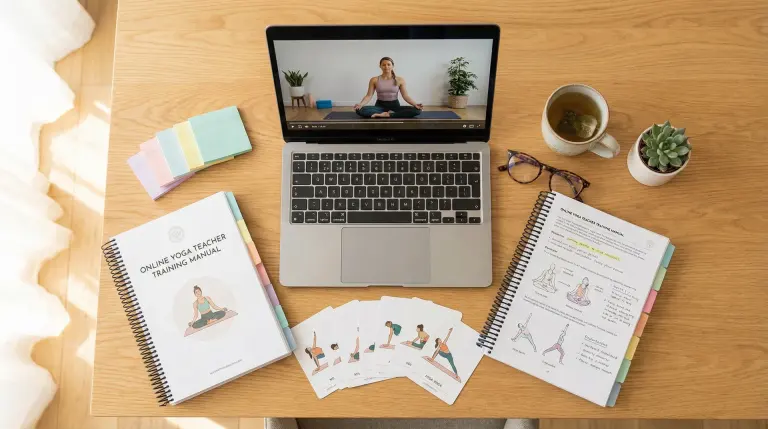 Laptop, posture cards and course workbook for the online pre-course study that comes before the six-day hot yoga teacher training in Bali